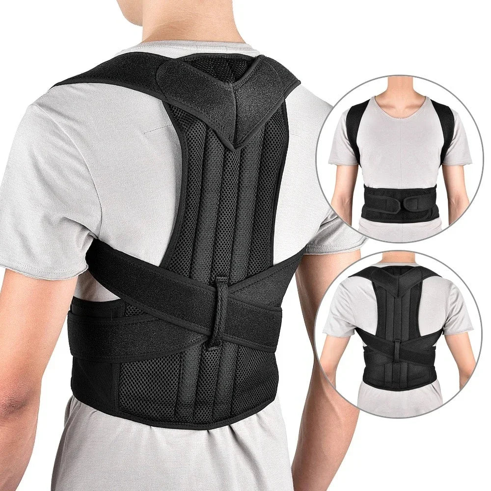 Black posture corrector worn by a person on a white background