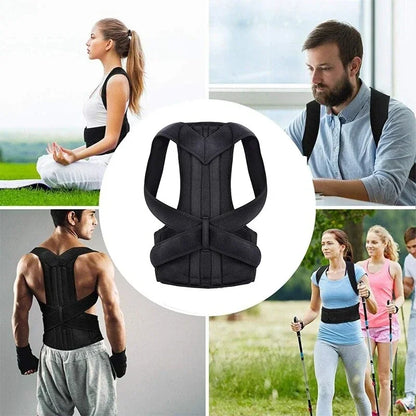 Collage of people wearing a black posture corrector in various settings.