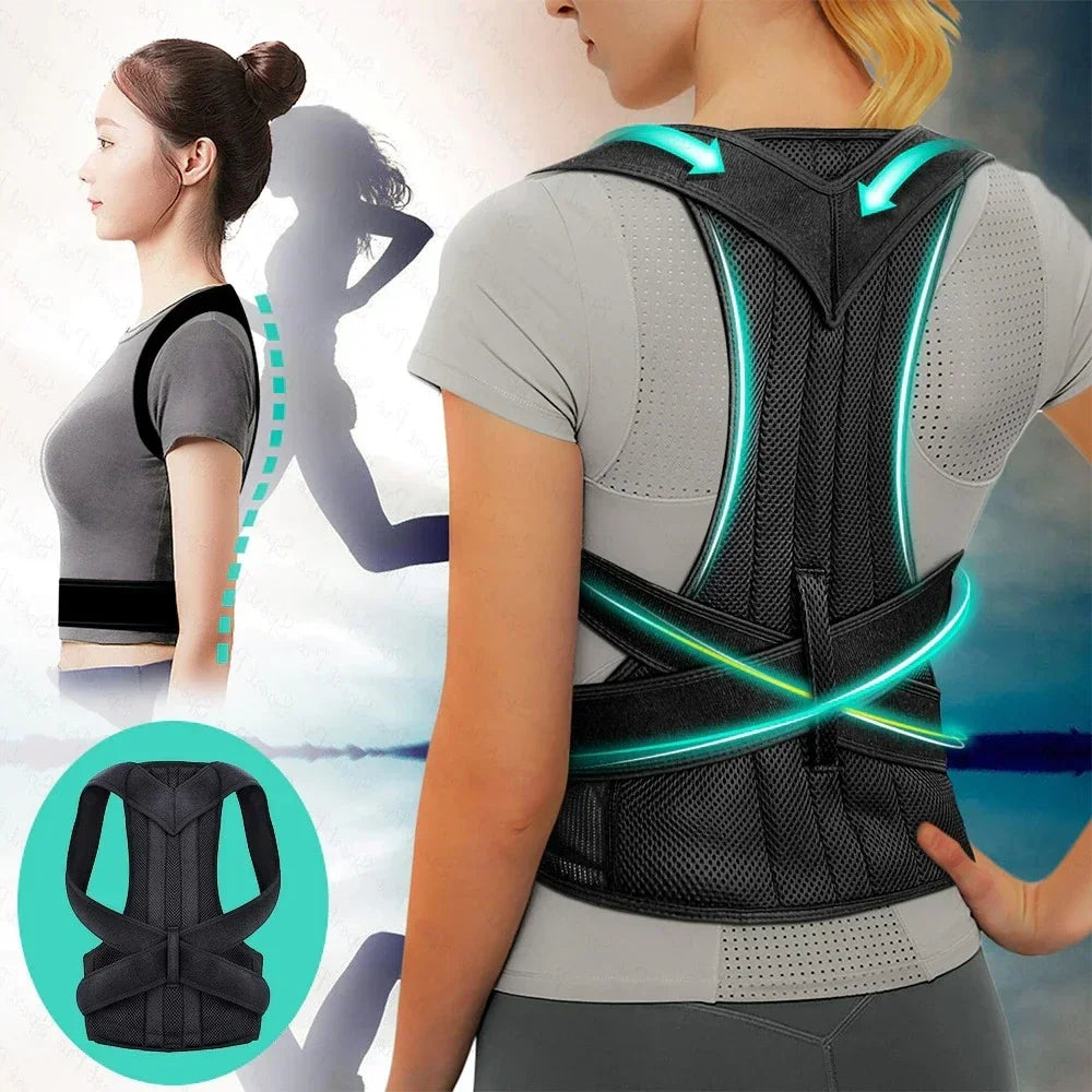 Person wearing a back posture corrector with a blurred background