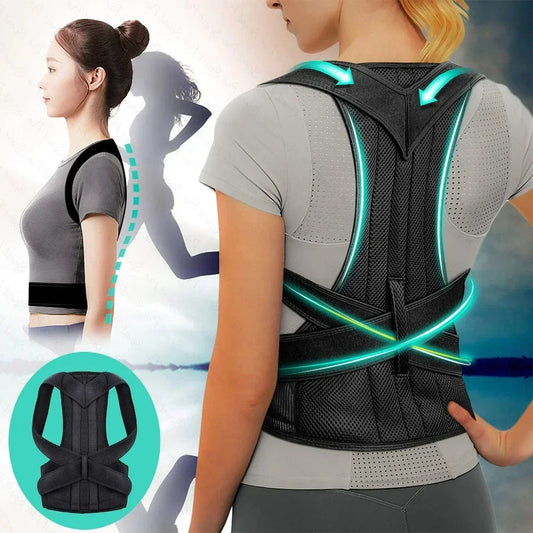 Person wearing a back posture corrector with a blurred background