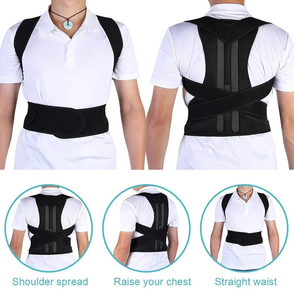 Posture corrector worn by a person, showing front and back views with additional views highlighting features.